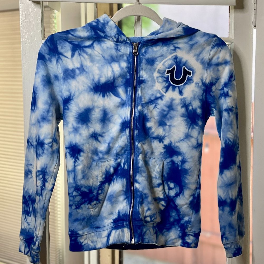 True Religion Blue and White Tie Dye Zip Up Hoodie Jacket Size Small
